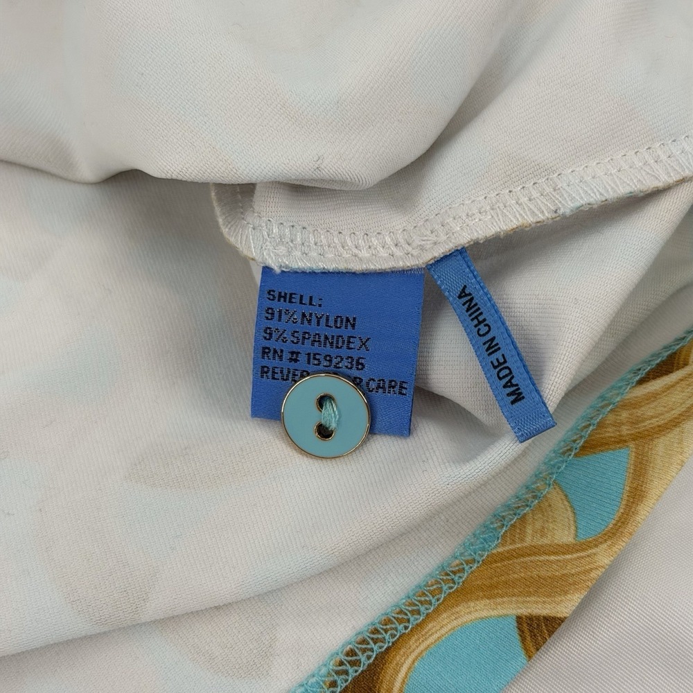 J.McLaughlin XS Catalina Cloth Top Wavesong 3/4 Sleeve Button Shoulder Aqua Gold - Picture 6 of 9